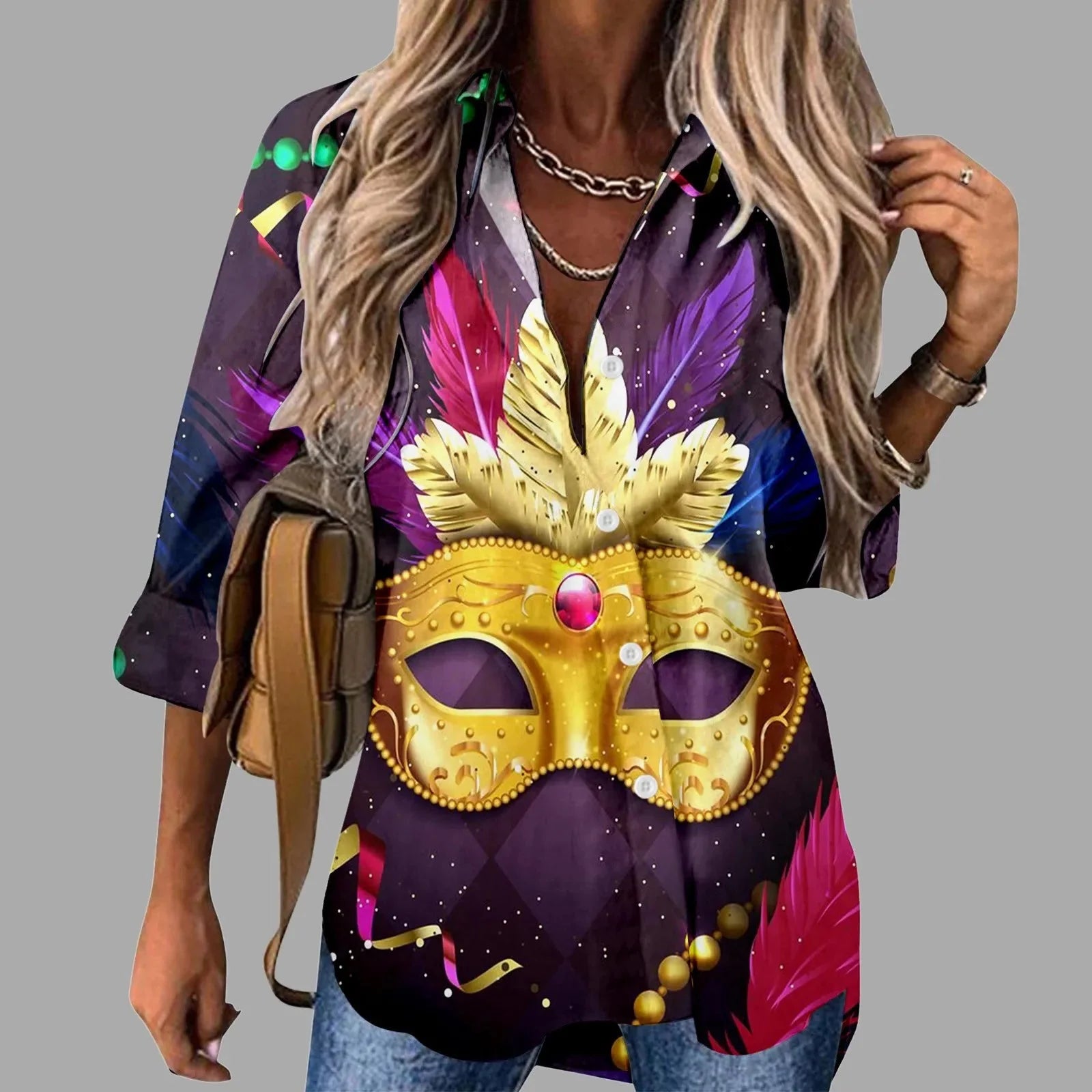 Mardi Gras women's V-neck long sleeve carnival print shirt by FitiqueFit featuring festive colorful patterns and casual style.