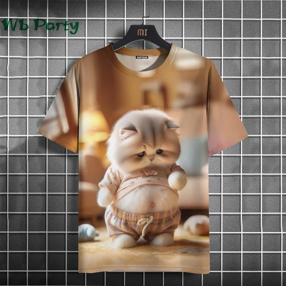 Colorful cat print Y2K graphic T-shirt from Plush Fashion Hub, styled as streetwear, featuring a playful feline design.