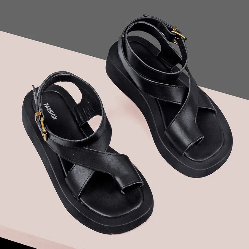 AIYUQI genuine leather women's summer sandals with clip toe design, Roman style, muffin shape, open-toe shoes for women.