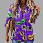 Mardi Gras women's V-neck long sleeve carnival print shirt by FitiqueFit, featuring colorful festive design and casual fit.