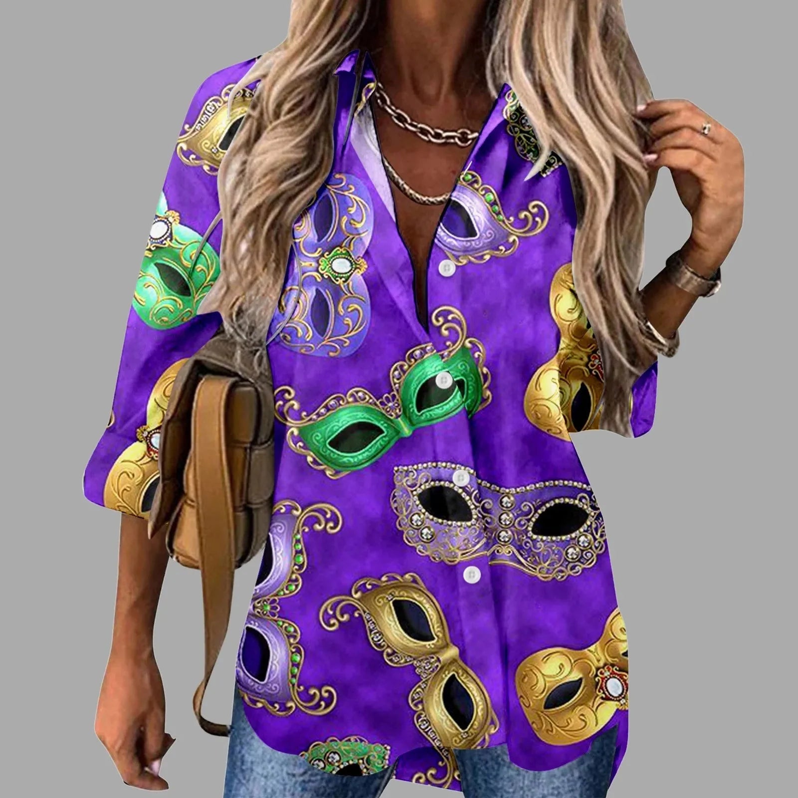Mardi Gras women's V-neck long sleeve carnival print shirt by FitiqueFit, featuring colorful festive design and casual fit.