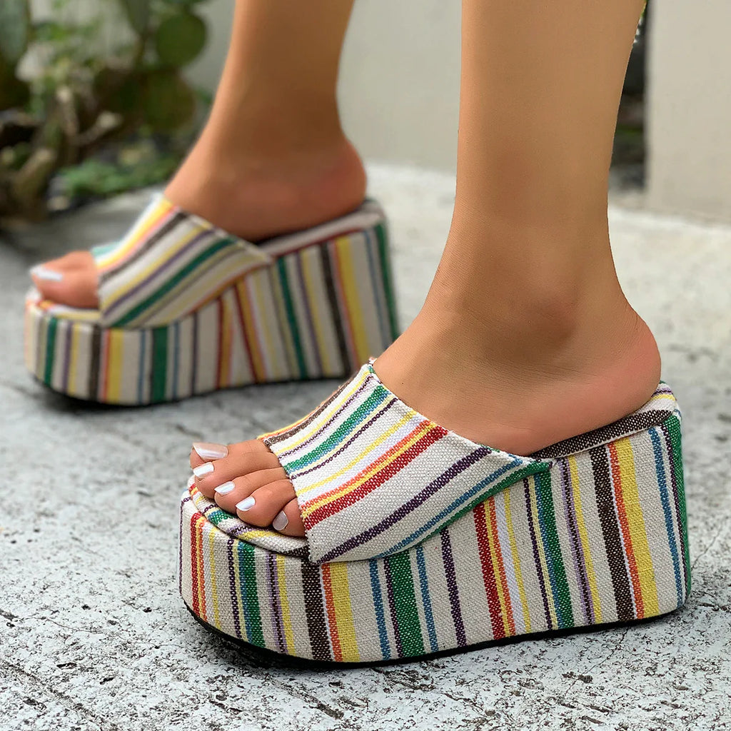 Open toe beige platform wedge sandals for women with high heels, stylish summer footwear by LadyShow.Store.