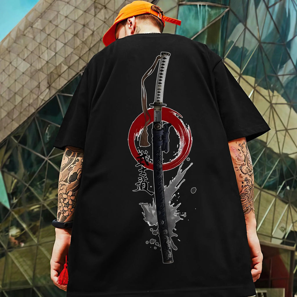 Oversized streetwear T-shirt by FitiqueFit featuring a bold 3D samurai knife print on soft fabric.