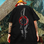 Oversized streetwear T-shirt by FitiqueFit featuring a bold 3D samurai knife print on soft fabric.
