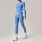 Black seamless yoga set with high waist and hip-lifting design from Plush Fashion Hub, shown on a model in activewear pose.