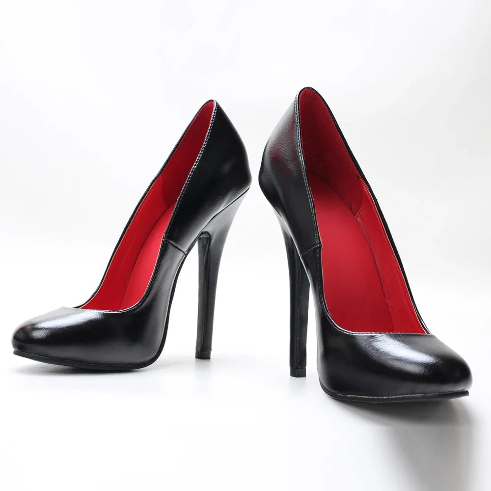 LadyShow.Store 5.5-inch vintage-style unisex stiletto pumps with round toe, ultra-high heel, plus size, black leather.