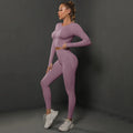 Women's seamless long sleeve yoga top from FitiqueFit, showing a fitted activewear shirt with smooth fabric and ergonomic design.