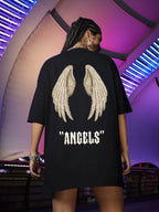 Female cotton streetwear tee with wings angels printing by FitiqueFit, featuring a stylish design on the front.