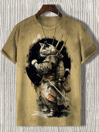 Samurai Cat graphic T-shirt by FitiqueFit, Japanese style streetwear men's tee with 3D print of a samurai cat design.