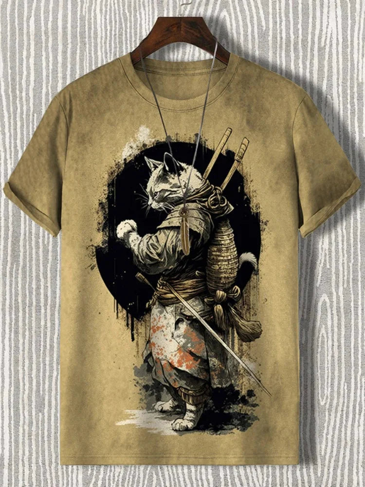 Samurai Cat graphic T-shirt by FitiqueFit, Japanese style streetwear men's tee with 3D print of a samurai cat design.