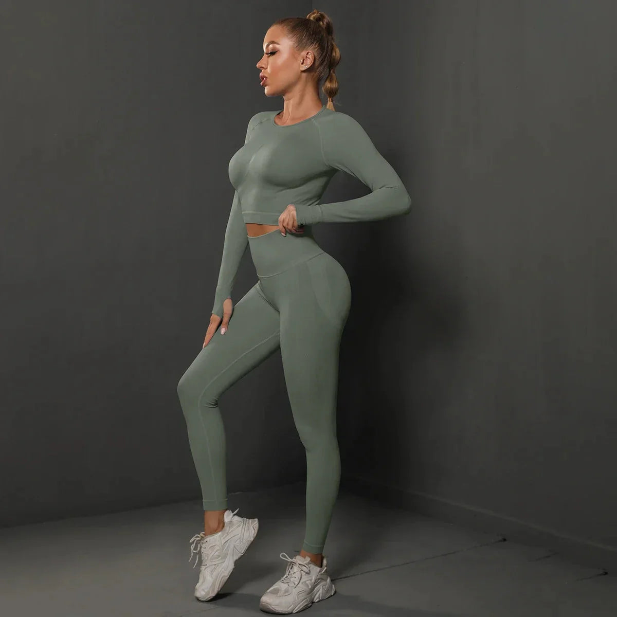 Women's seamless long sleeve yoga top from Plush Fashion Hub, soft, stretchy activewear shirt with a fitted design for comfortable movement.