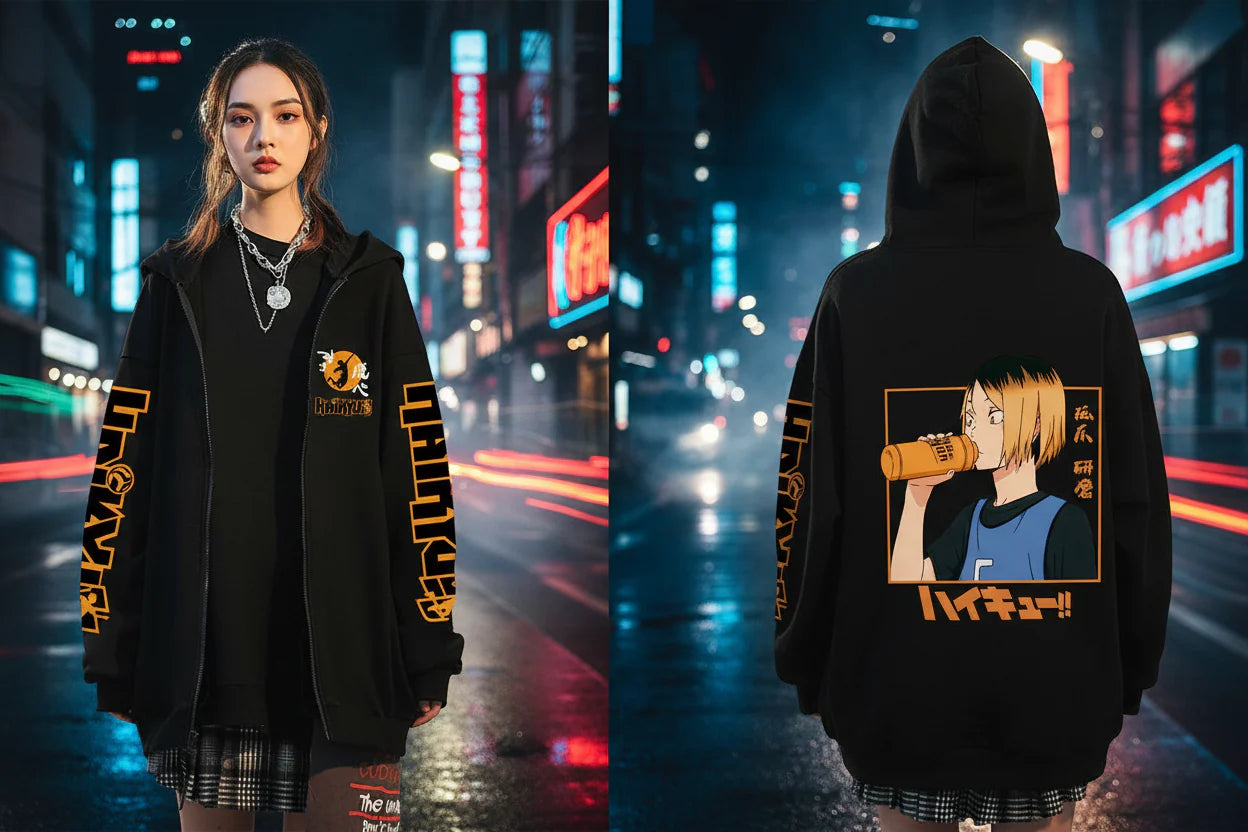 Unisex Haikyuu!! Karasuno High School zip-up hoodie by FitiqueFit, featuring anime streetwear style with Karasuno team logo.