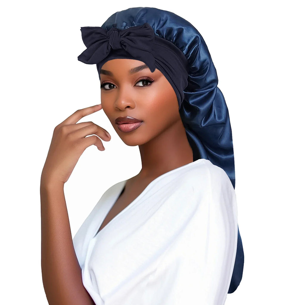 Plush Fashion Hub satin women’s bonnet sleep cap with long tail braid hair cover, ideal for sleeping, showering, or sauna use.
