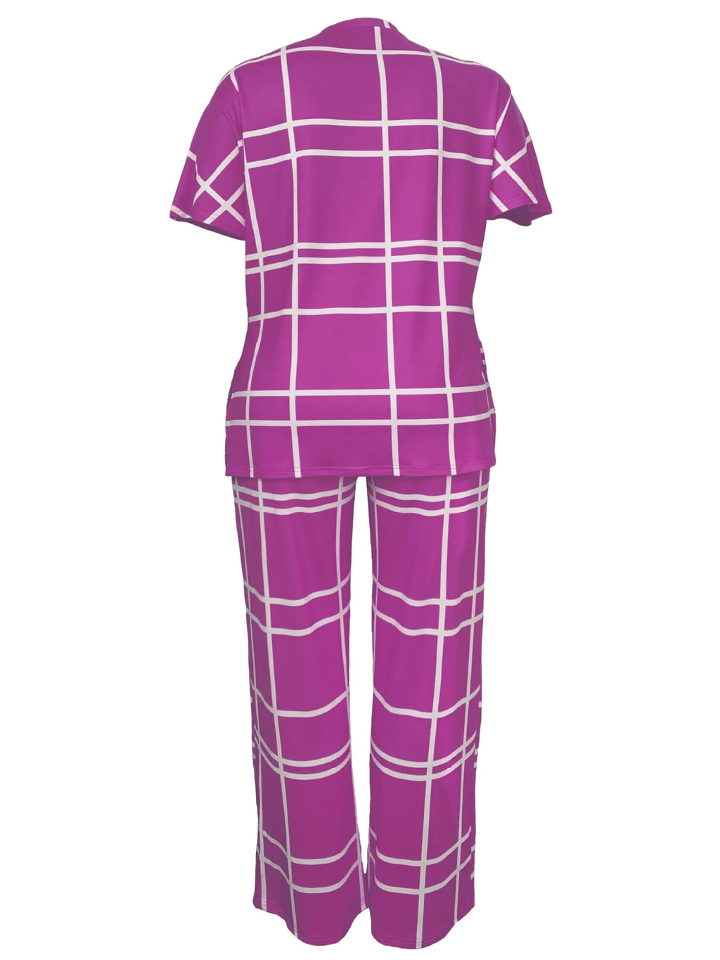 Plus size women's two-piece set by Plush Fashion Hub featuring a striped grid printed casual round neck top and matching pants.