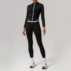 Black seamless yoga set with high waist and hip-lifting design from Plush Fashion Hub, shown on a model.