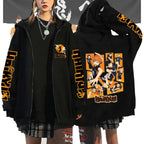 Unisex Haikyuu!! Karasuno High School zip-up hoodie by FitiqueFit, featuring anime-inspired streetwear design with Karasuno logo.