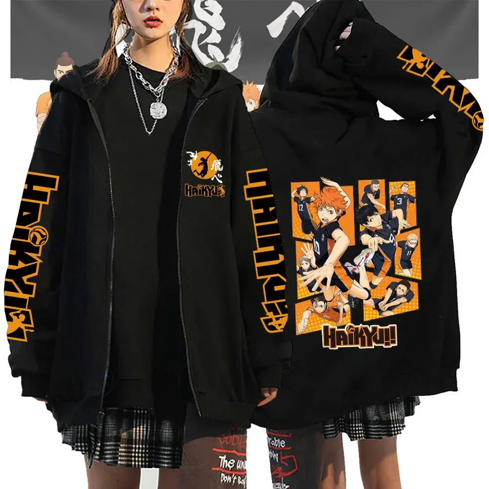 Unisex Haikyuu!! Karasuno High School zip-up hoodie by FitiqueFit, featuring anime-inspired streetwear design with Karasuno logo.