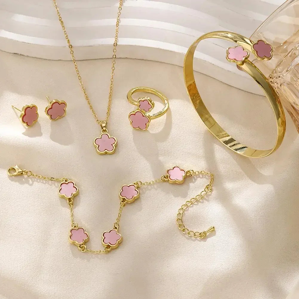 Plum Blossom Plant necklace and earring set with five leaf flower design, jewelry set by Plush Fashion Hub.