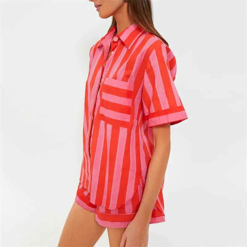 Lamuusaa 2-piece striped summer casualwear set by Plush Fashion Hub, featuring a relaxed top and matching shorts, 2000s streetwear style