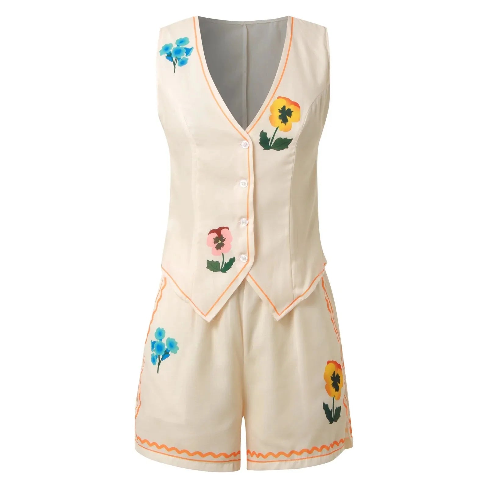 Vintage floral embroidered 2-piece summer casualwear set from Plush Fashion Hub with a lightweight, vibrant floral design.