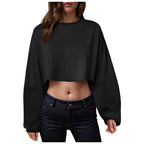 Women’s long sleeve loose-fit crop top from Plush Fashion Hub, casualwear with a comfortable, relaxed fit and stylish design.