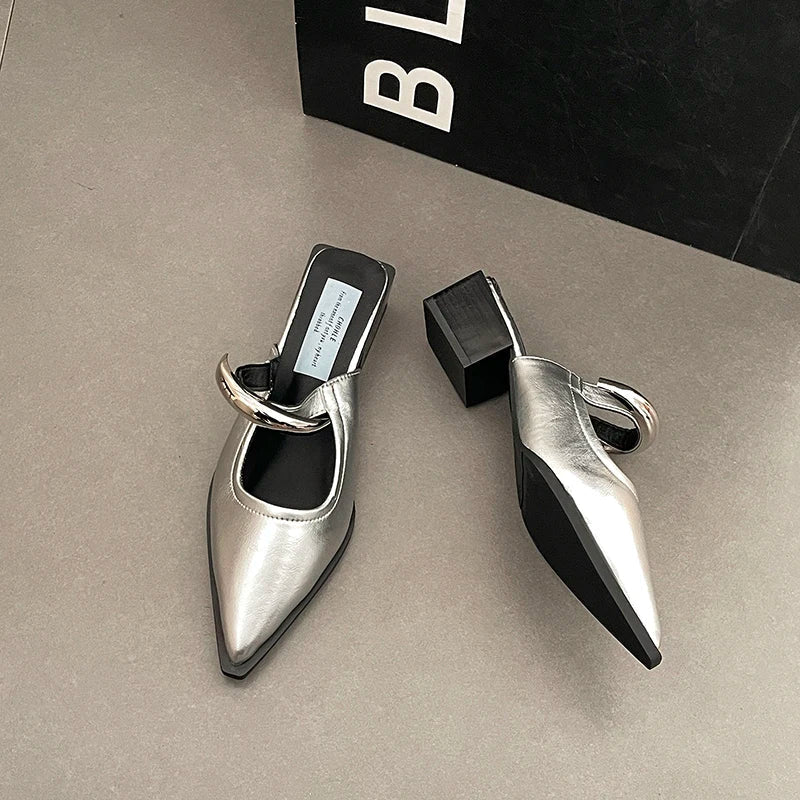 Summer women's slip-on mules by Plush Fashion Hub with metal decoration, thick heel, and street style footwear for comfortable fashion.
