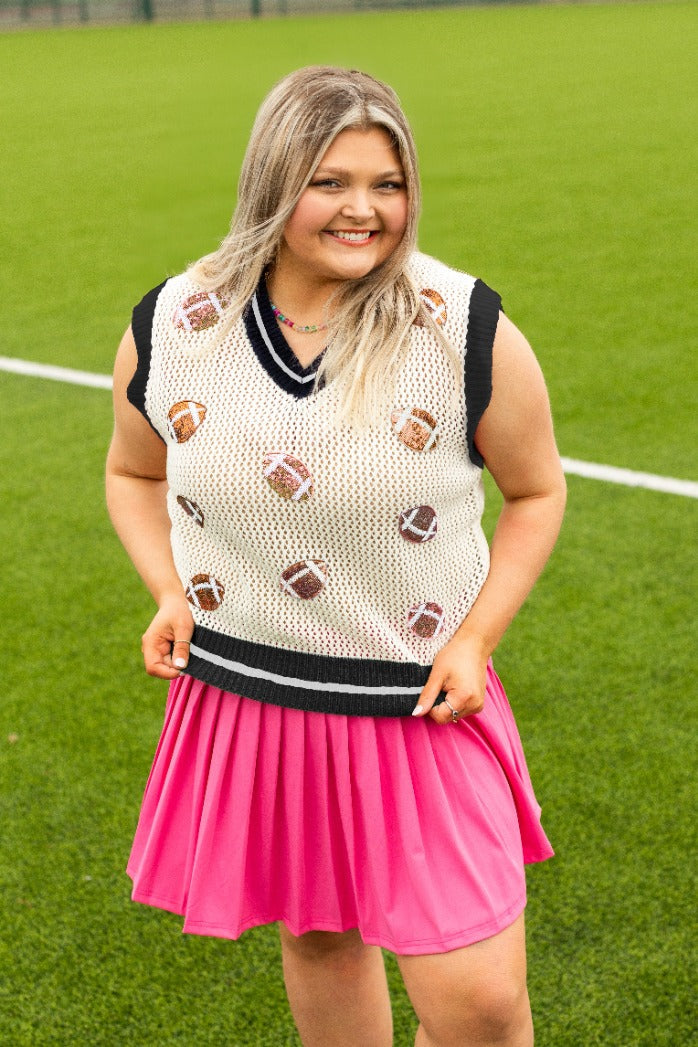 Glitter Football Patches Knit White Vest