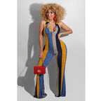 Women striped halter jumpsuit with horn details, stylish and bold, from Trendy Attic Store01, shown on a model.