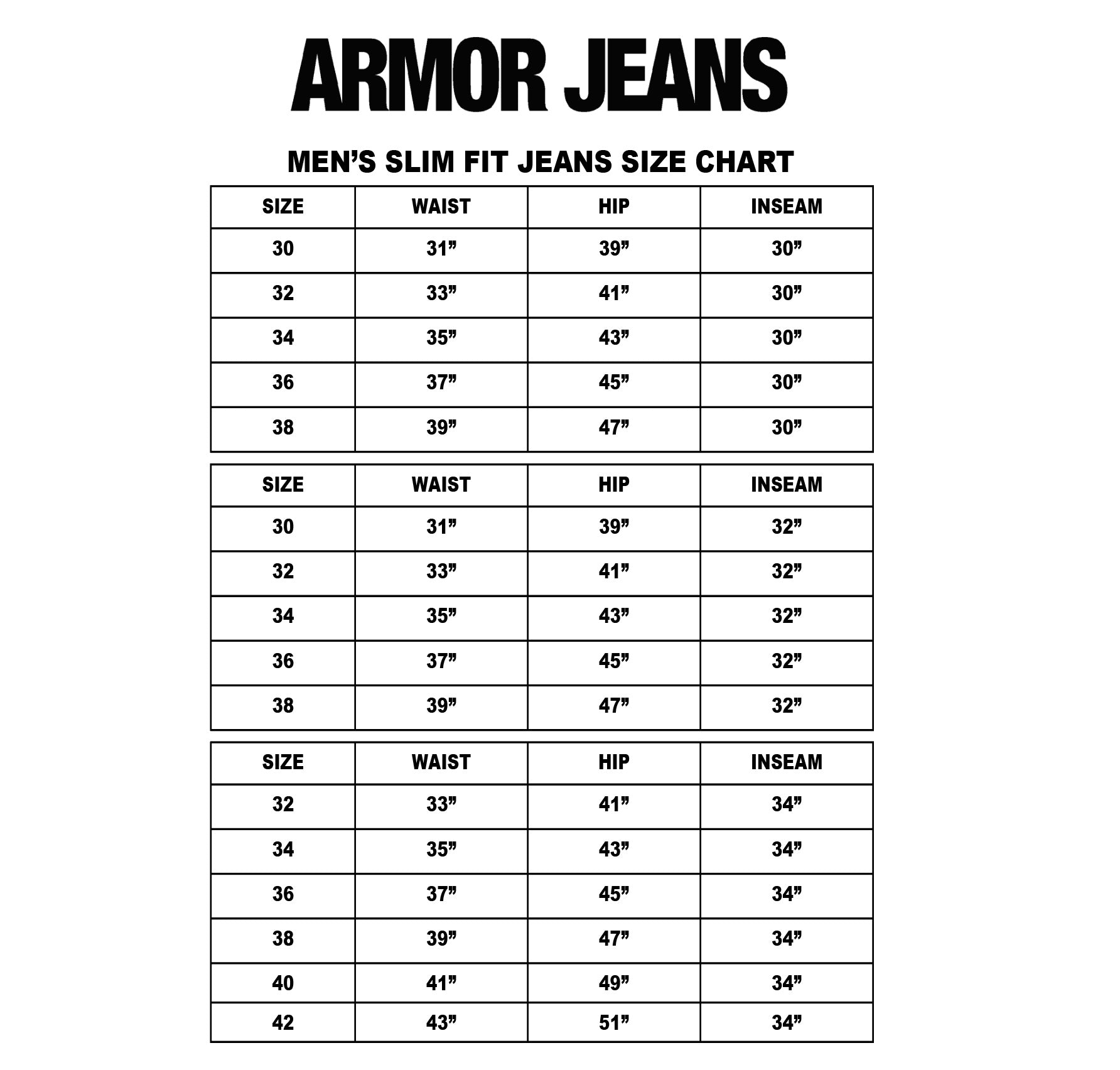 Chart showing size guide for ARMOR JEANS AJ738SL-3 grey and white vintage slim jeans with size measurements.