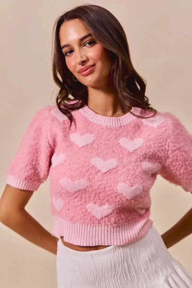 SO ME All Over Heart Valentine Cropped Sweater - Plush Fashion Hub