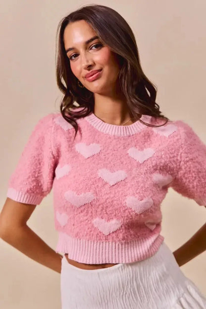 SO ME All Over Heart Valentine Cropped Sweater - Plush Fashion Hub