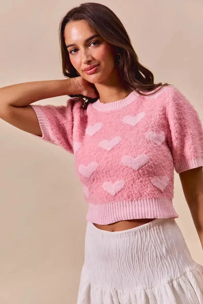 SO ME All Over Heart Valentine Cropped Sweater - Plush Fashion Hub