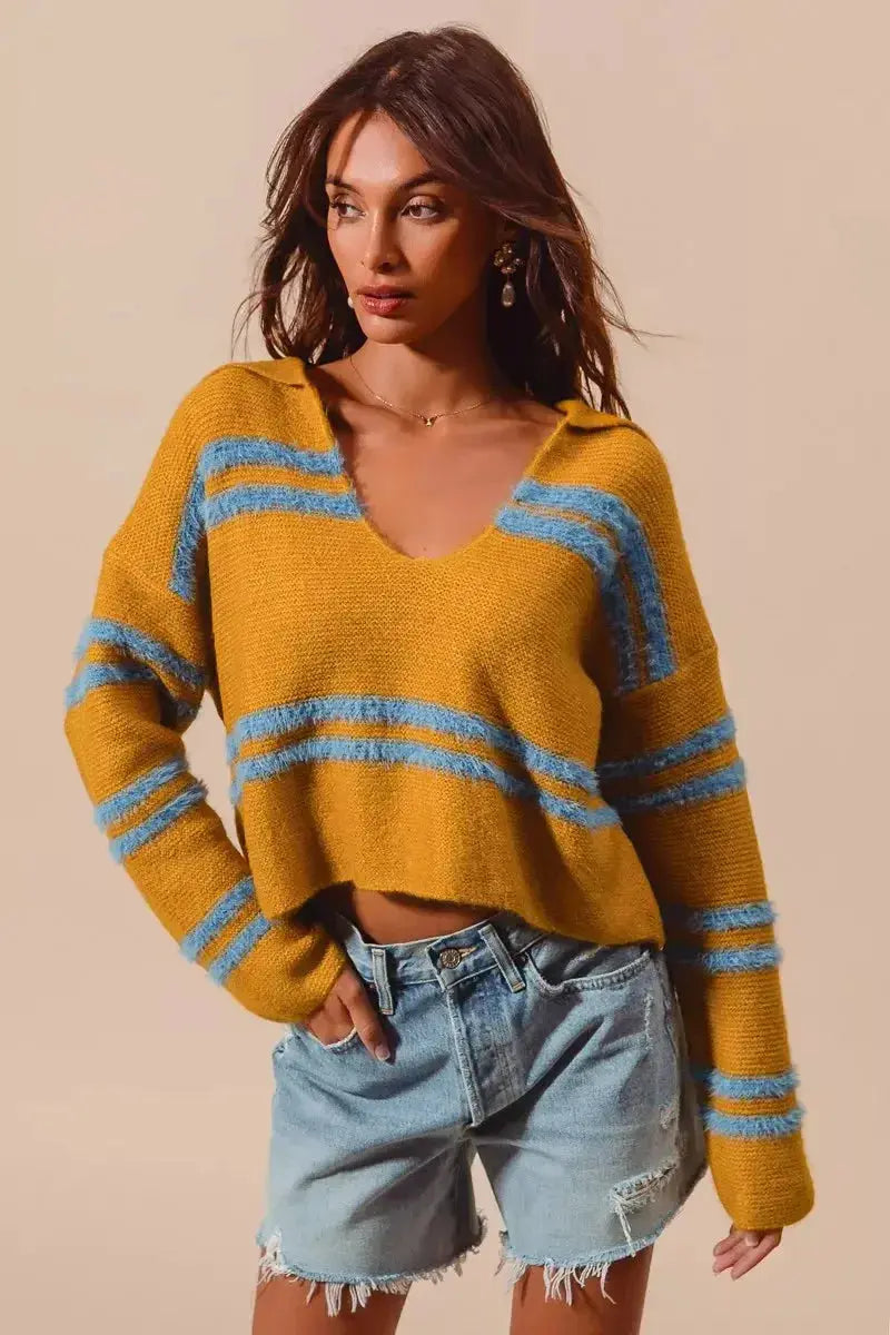 Soft fuzzy striped deep U-neck sweater for women by Plush Fashion Hub, featuring a cozy knit and relaxed fit.