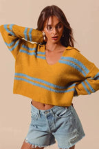 Fuzzy striped deep U-neck women’s sweater by Plush Fashion Hub, soft pullover knit with cozy, plush texture and bold stripe pattern.