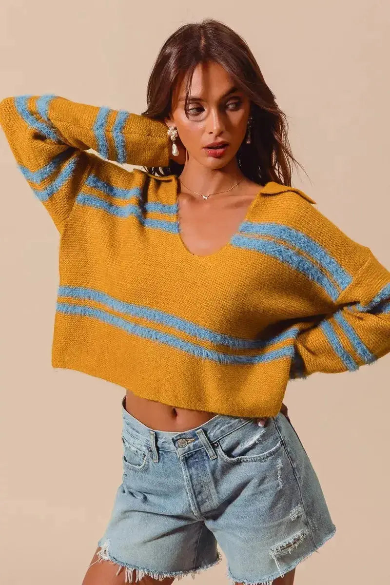 Fuzzy striped deep U-neck women’s sweater by Plush Fashion Hub, soft pullover knit with cozy, plush texture and bold stripe pattern.