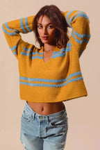 Fuzzy striped deep U-neck women's sweater by Plush Fashion Hub, soft knit pullover with cozy fuzzy texture and stylish design
