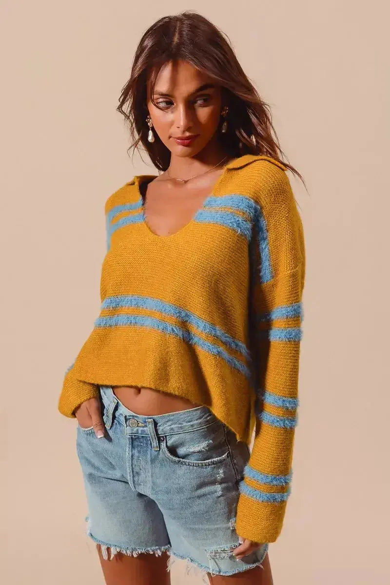 Fuzzy striped deep U-neck women's sweater by Plush Fashion Hub, soft knit pullover with cozy, plush texture and long sleeves.