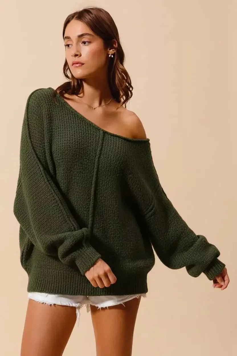 SO ME Loose Fit Exposed Seam Slouchy Boucle Sweater - Plush Fashion Hub