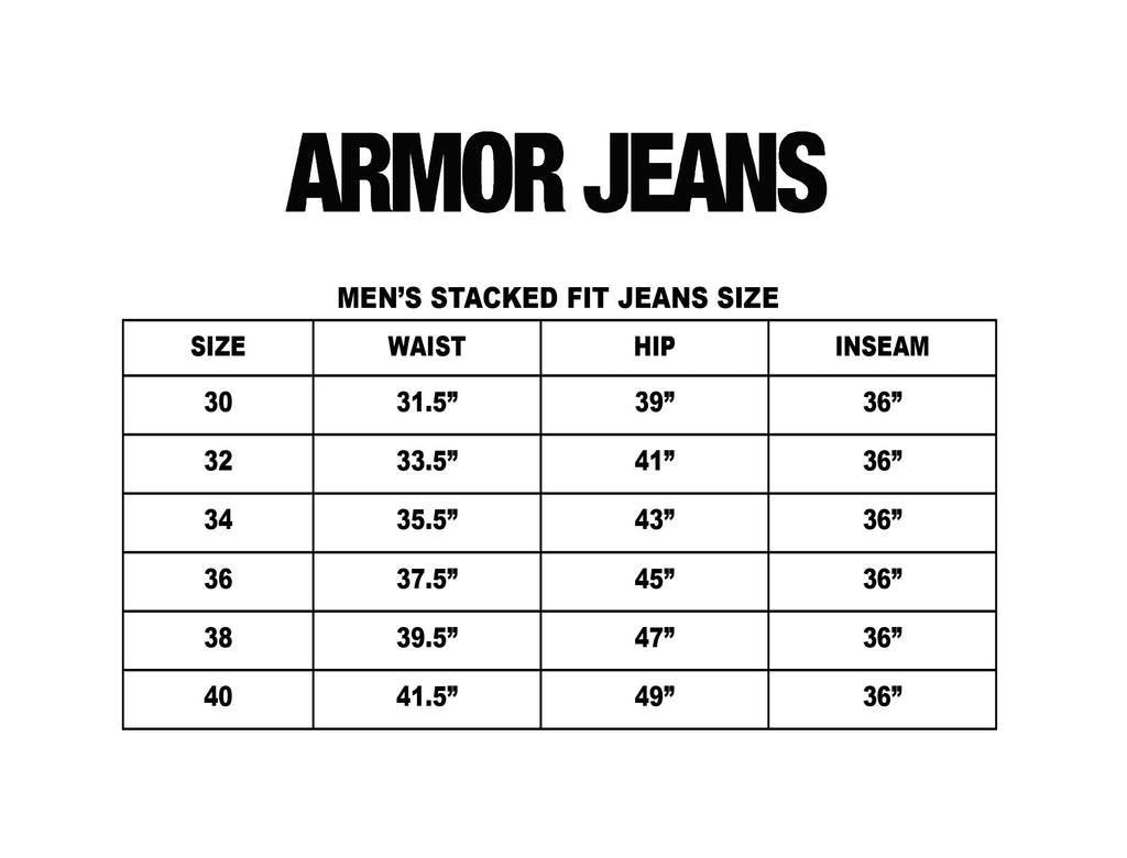 Pair of ARMOR JEANS AJS410 shredded stacked jeans pants with distressed detailing and layered design, shown on a model.