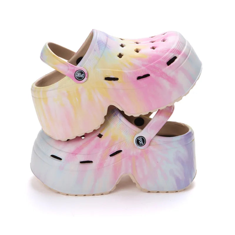Leopard print chunky platform clogs for women with closed toe and high wedge heel, summer 2023 style.