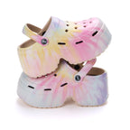 Leopard print chunky platform clogs for women with closed toe and high wedge heel, summer 2023 style.