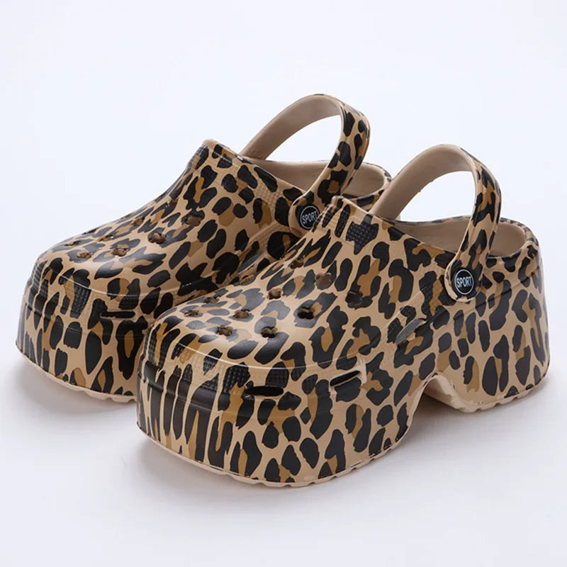 Leopard thick bottom clogs for women with closed toe, chunky platform, super high wedge heel, summer 2023 style, Plush Fashion Hub