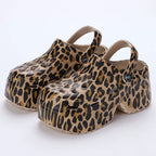 Leopard thick bottom clogs for women with closed toe, chunky platform, super high wedge heel, summer 2023 style, Plush Fashion Hub