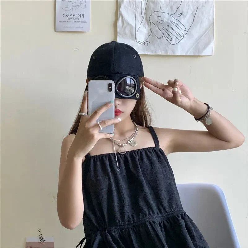 Unisex Aviator Baseball Cap by FitiqueFit with built-in sunglasses, summer hat, casual outdoor headwear, black color