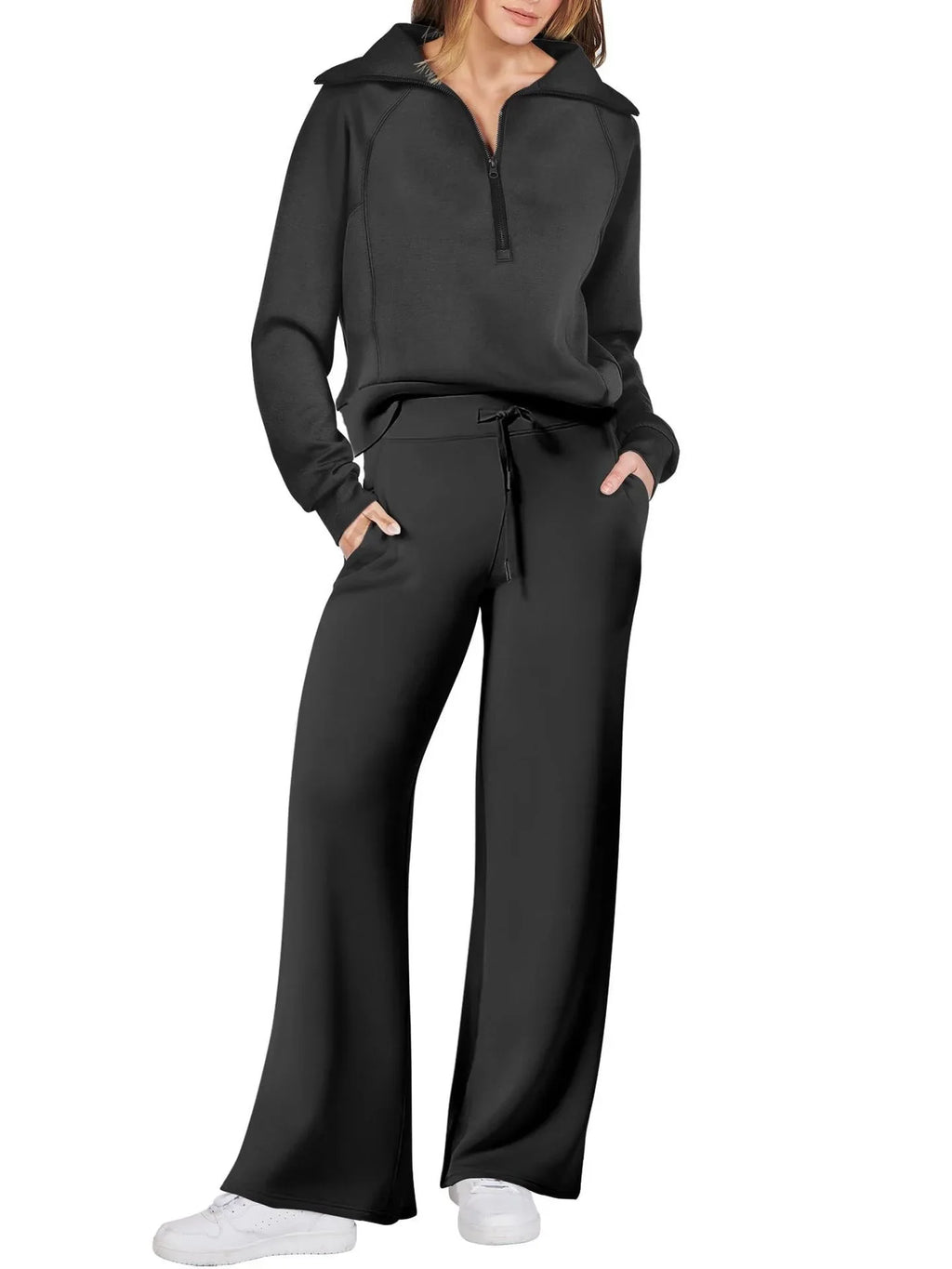 Women two-piece sweatshirt and wide-leg pants set by Plush Fashion Hub, featuring cozy sweatshirt and flowy pants in neutral tones.