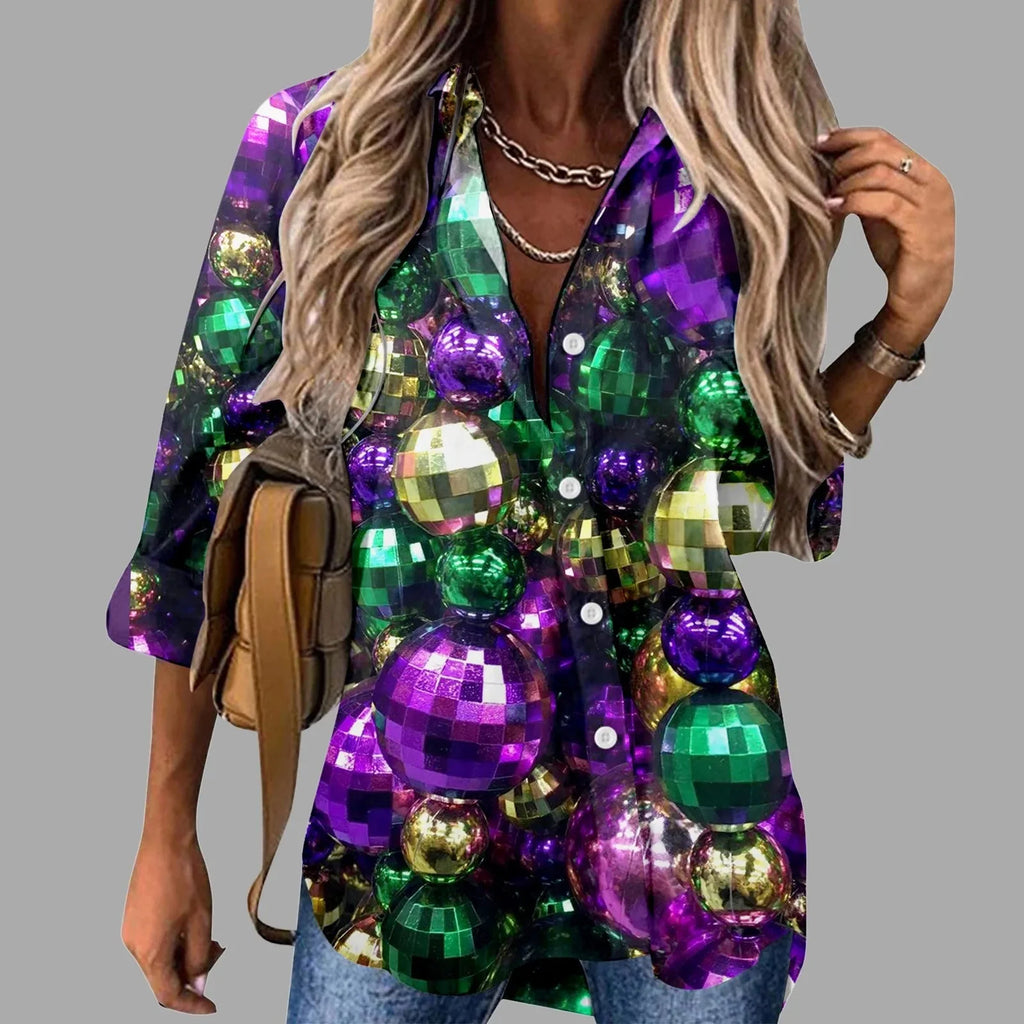 Mardi Gras women's V-neck long sleeve carnival print shirt by FitiqueFit, featuring colorful festive design for casual wear.