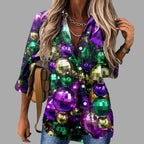 Mardi Gras women's V-neck long sleeve carnival print shirt by FitiqueFit, featuring colorful festive design for casual wear.