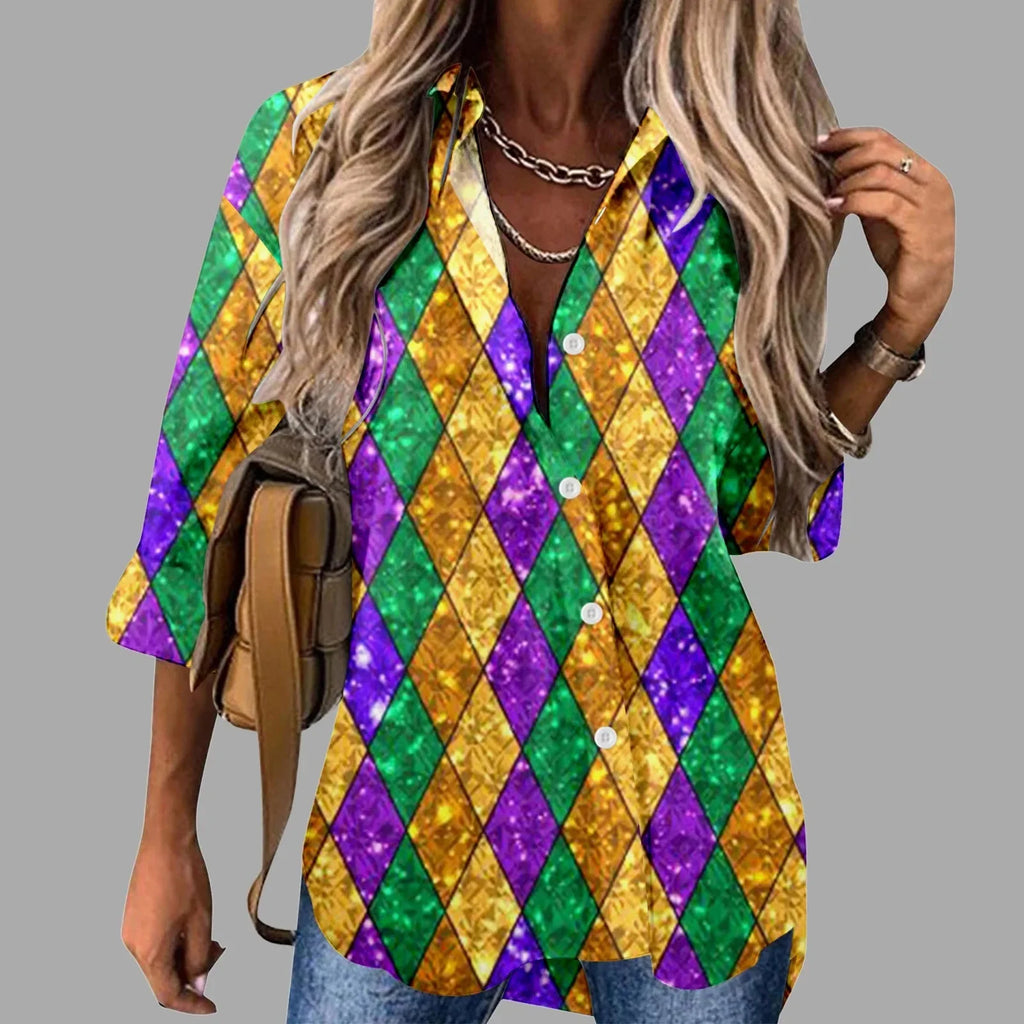 Mardi Gras women's V-neck long sleeve carnival print shirt by FitiqueFit, featuring vibrant festive Mardi Gras designs.