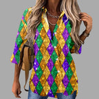 Mardi Gras women's V-neck long sleeve carnival print shirt by FitiqueFit, featuring vibrant festive Mardi Gras designs.