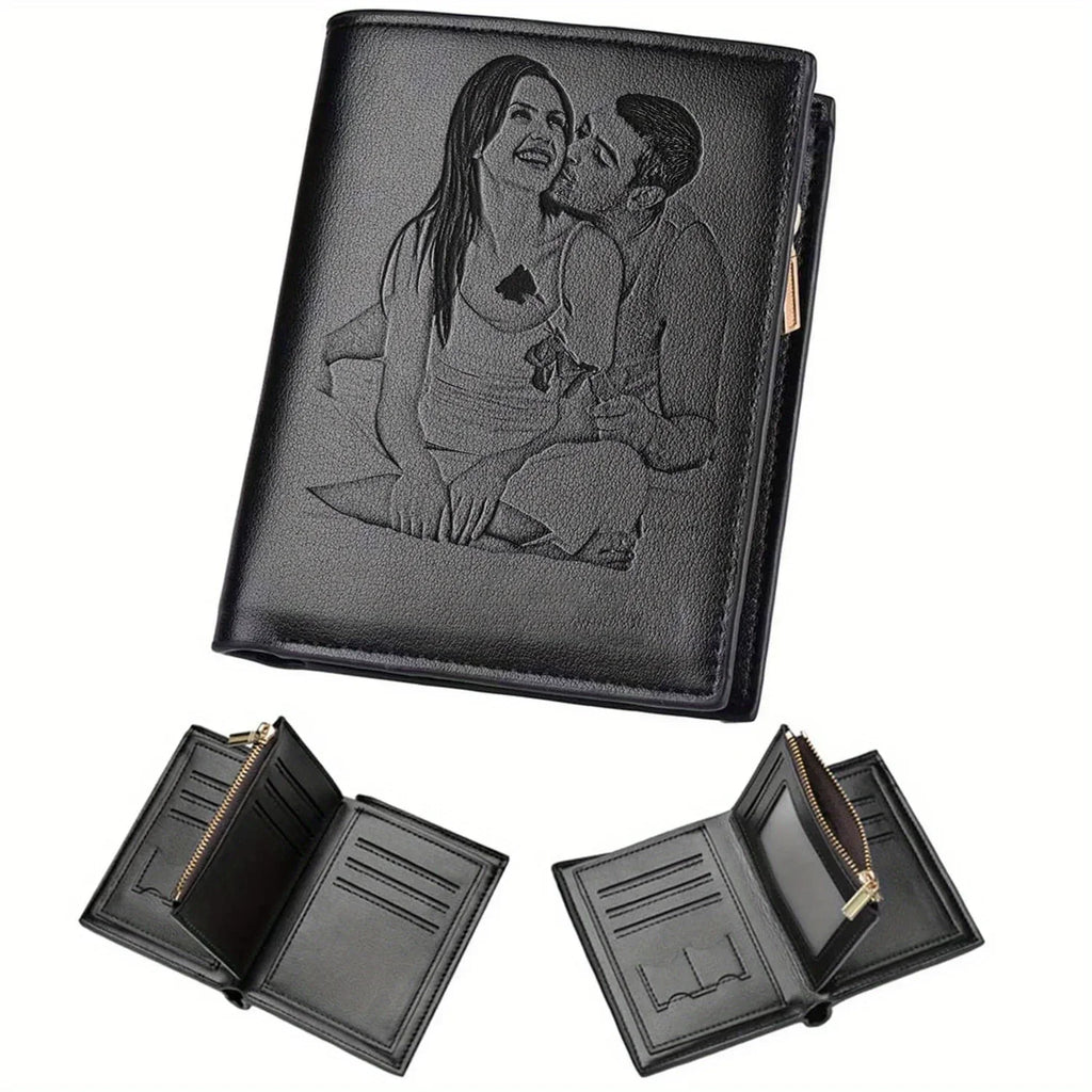 Personalized men's leather wallet by Trendy Attic Store01 with custom photo engraving, featuring multiple card slots and a sleek design.
